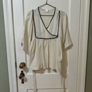 Vintage 60s Cream and Black Wrap Blouse with bell sleeves